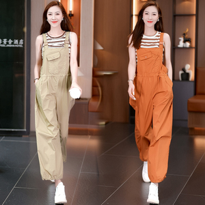 高档洋气条纹减龄无袖套装女T恤夏季背带裤休闲2025阔腿裤两件套
