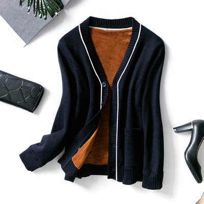 护士毛衣加绒加厚藏蓝色护士开衫V领针织开衫护士服空调衫外套