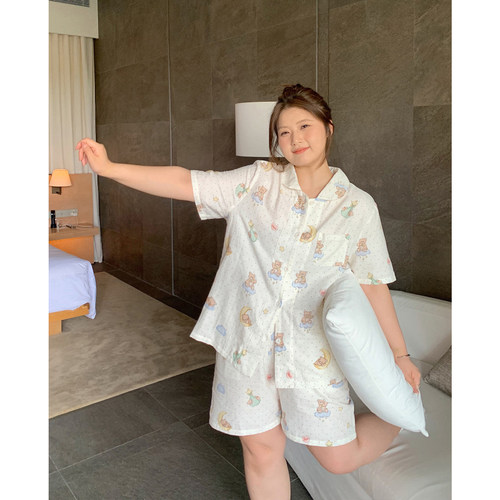 ALINDM大码家居胖mm日系可爱睡衣女款夏200斤纯棉宽松短袖家居服