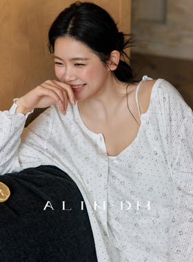 ALINDM大码猫咪三件套纯棉睡衣女带胸垫吊带秋季胖mm可外穿家居服