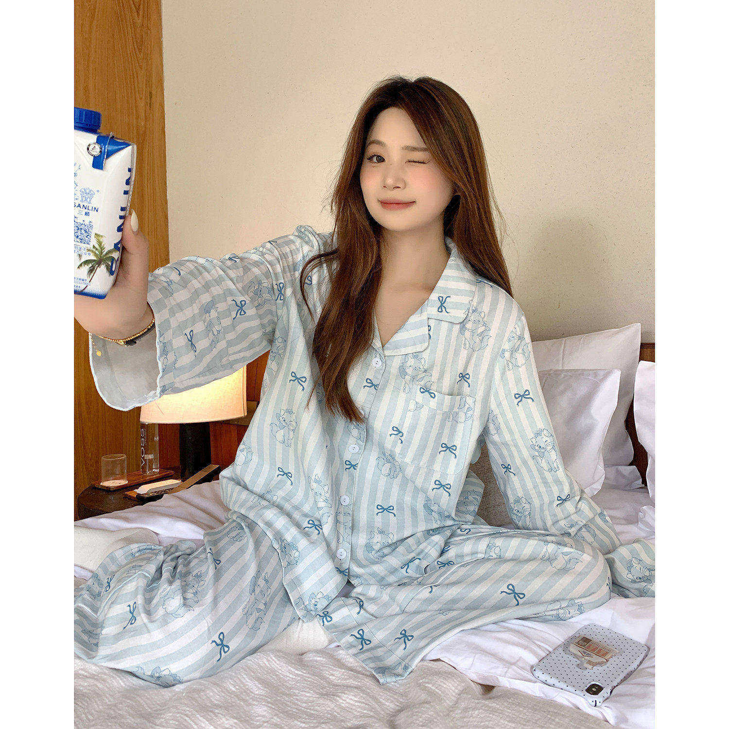 ALIN大码家居胖妹妹mm蓝色条纹长袖睡衣可爱200斤早秋家居服套装