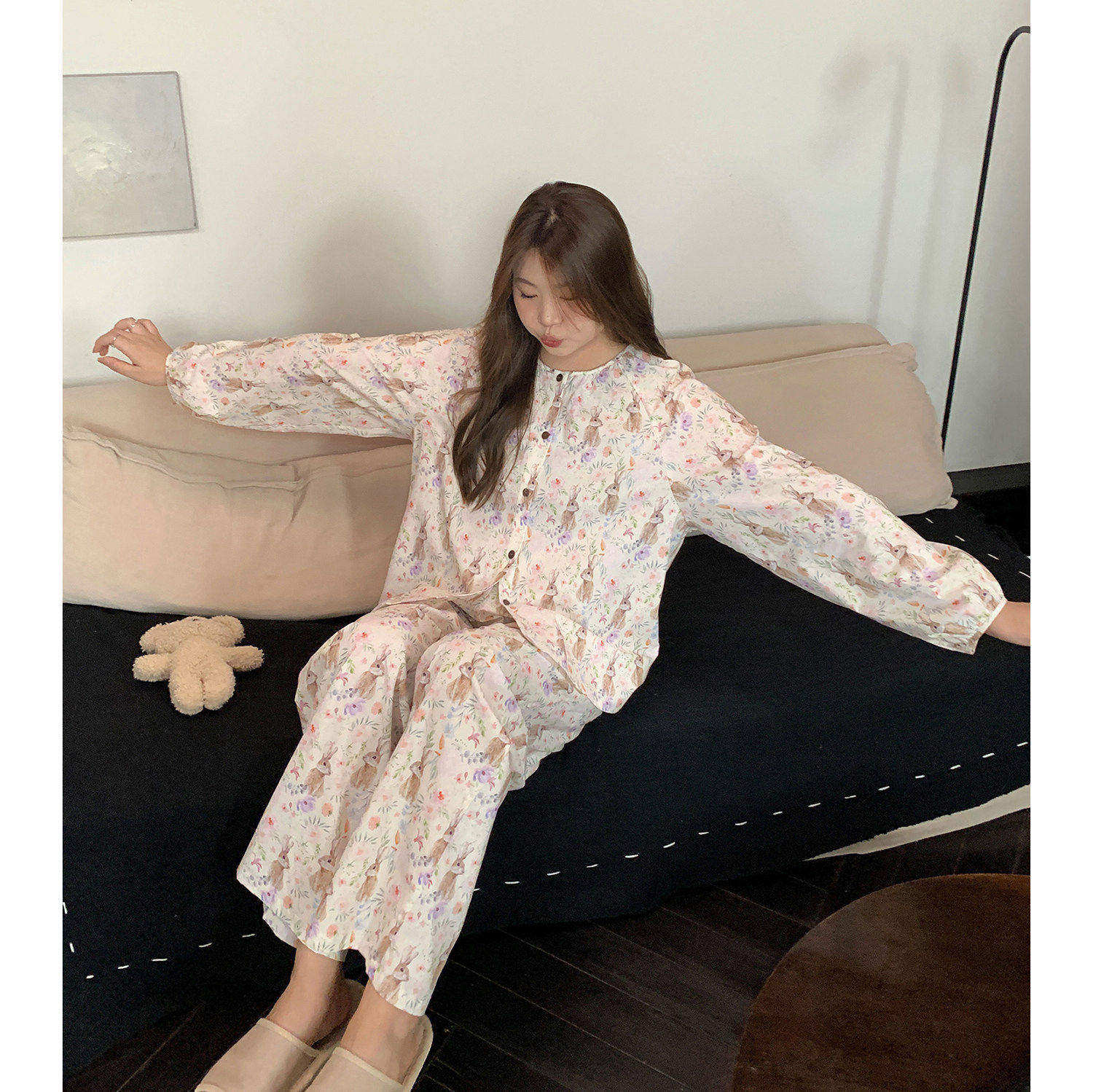 ALIN大码家居馆胖mm长袖睡衣女可爱秋季新款200斤纯棉家居服套装