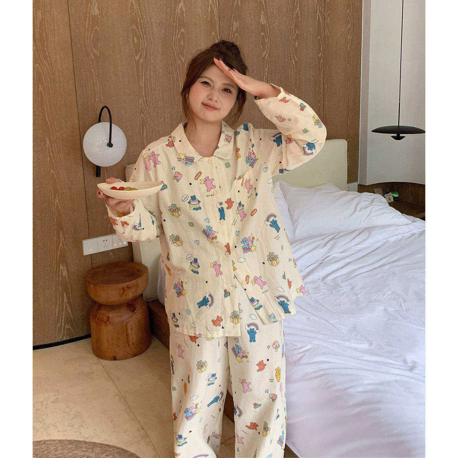 ALIN大码家居摘星小熊胖mm纯棉睡衣女可爱公主风200斤家居服套装
