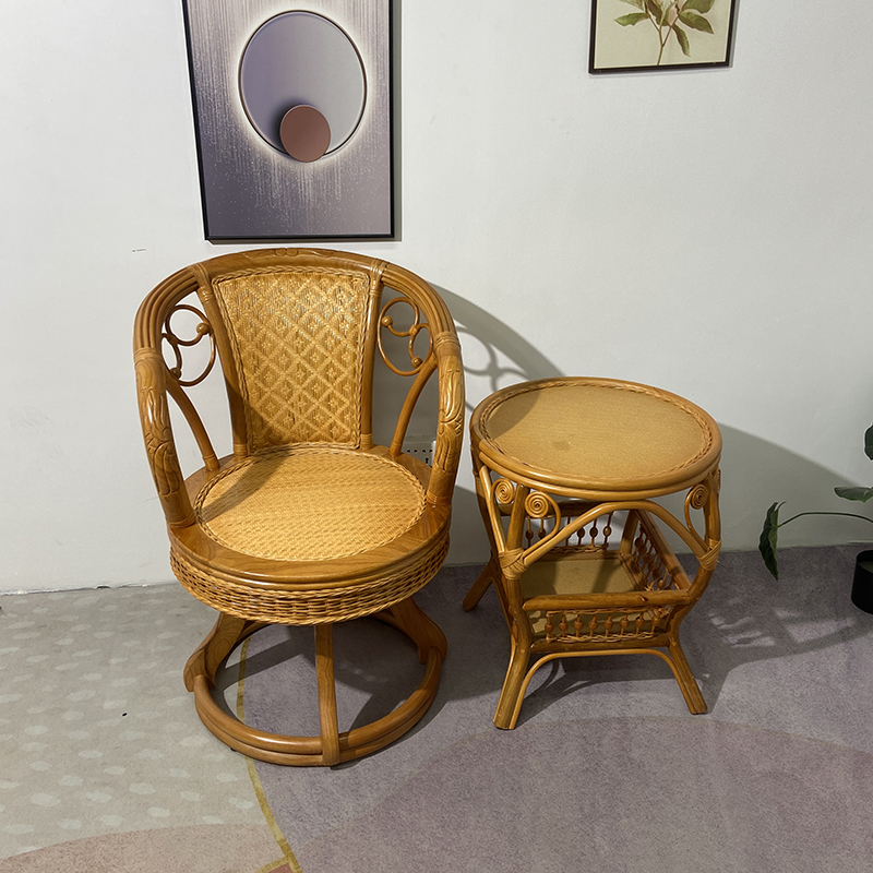 藤椅家用老人藤编单人护腰靠背旋转办公休闲手工阳台三件套滕椅子