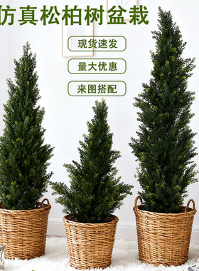 跨境仿真松柏树圣诞假树室内外落地装饰盆栽商场橱窗造景假绿植