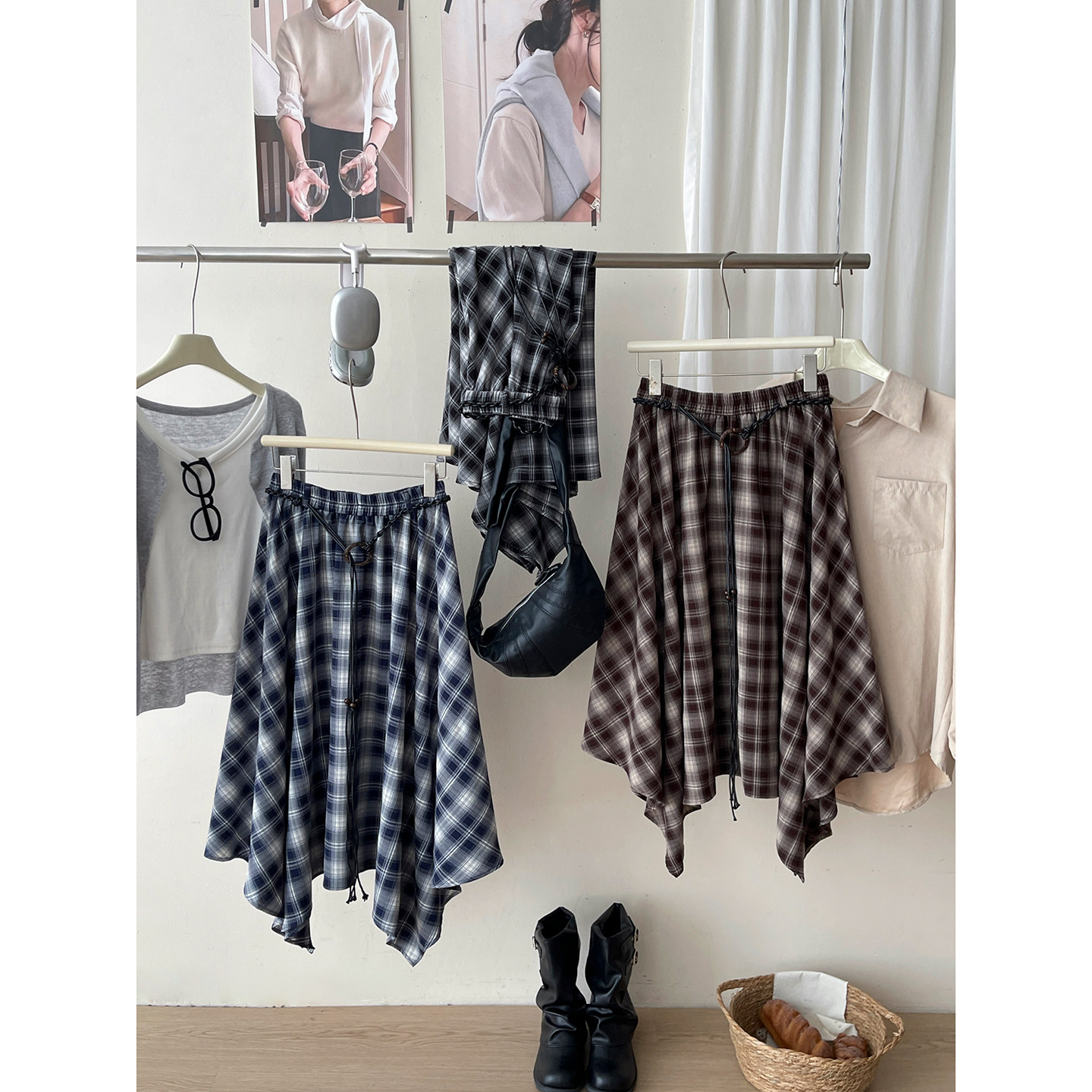 日韩系复古不规则格纹半身裙女春夏法式度假风大摆百搭a字伞裙子