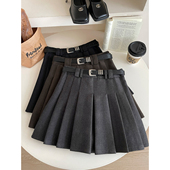 复古日韩miu系毛呢料百褶短裙女秋冬洋气遮跨a字显瘦百搭半身裙子