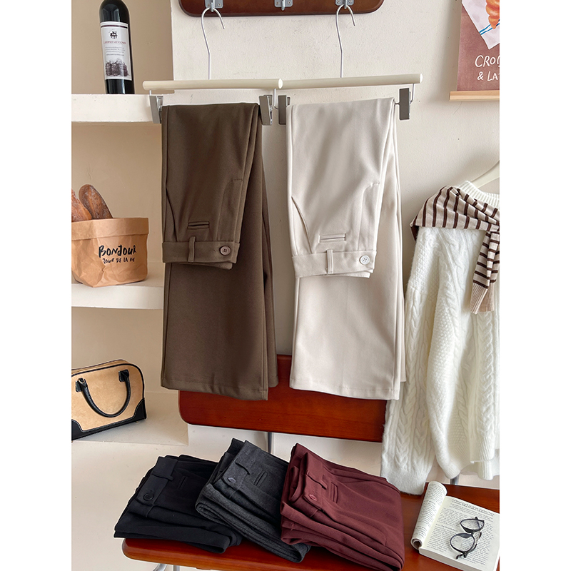 复古日韩系羊绒毛呢料西装阔腿裤女秋冬显瘦百搭高级休闲直筒裤子