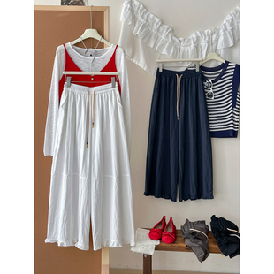 日韩系木耳边冰天丝牛仔灯笼气球阔腿裤女夏松弛感慵懒拼接花苞裤