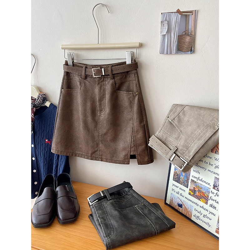 辣妹复古扎染磨砂肌理开叉工装PU皮短裙女秋防走光百搭a字半身裙,女装/女士精品,半身裙,淘宝优惠券,粉丝福利购,淘宝优惠卷