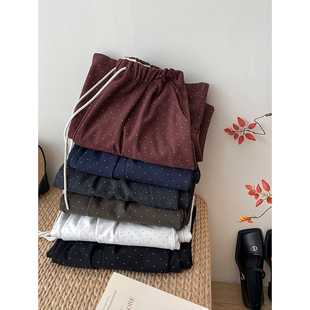 日韩系复古波点羊绒磨毛阔腿裤 女秋冬宽松紧腰呢子直筒休闲大脚裤