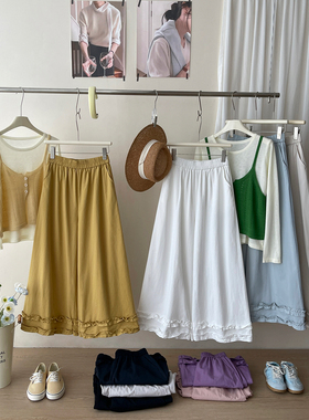 日韩系双层木耳花边拼接洗水棉阔腿裤女春松驰感九分直筒休闲裙裤