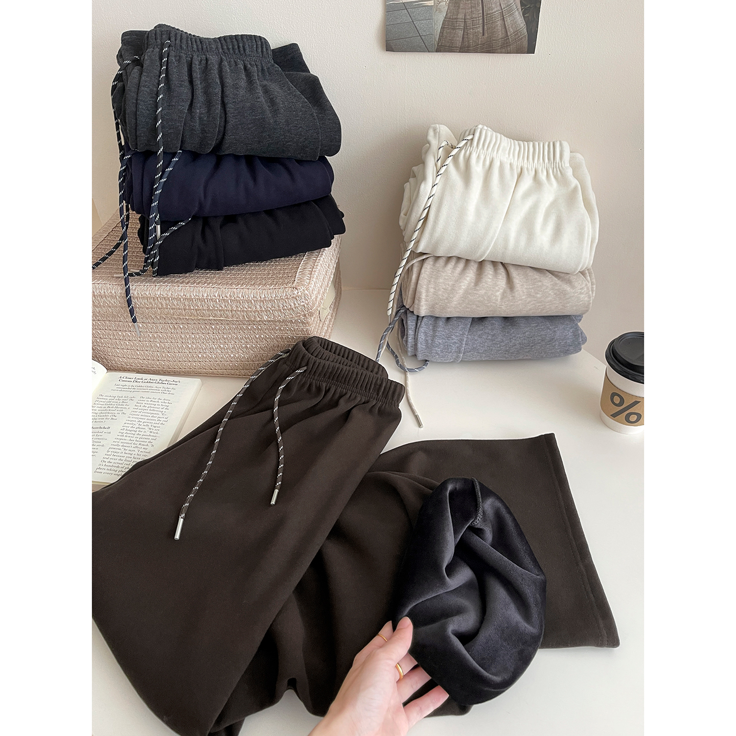 日韩系老钱风加绒糯米简约阔腿裤