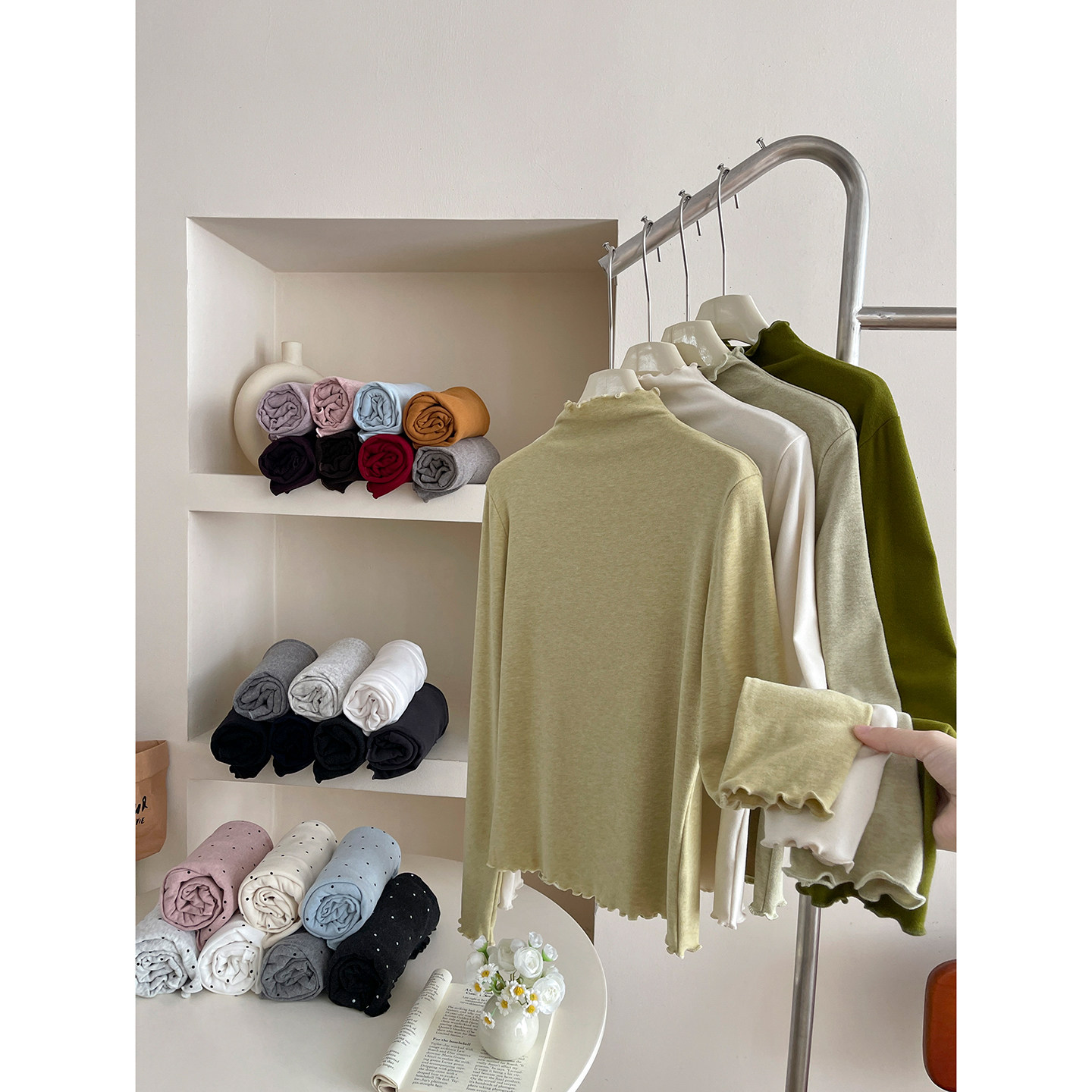 法式木耳边半高领磨毛波点T恤女秋冬复古叠穿内外百搭打底衫上衣,女装/女士精品,T恤,淘宝优惠券,粉丝福利购,淘宝优惠卷