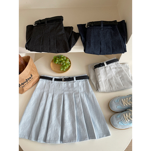 韩系复古做旧减龄牛仔百褶短裙女春夏辣妹休闲防走光a字半身伞裙
