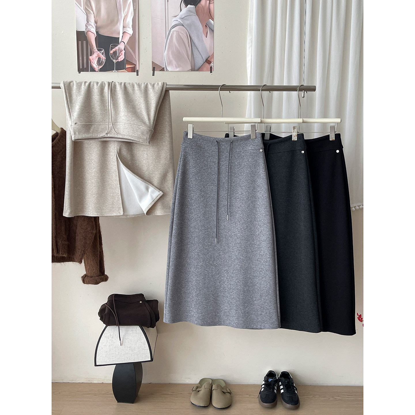 日韩miu系复古糯米羊绒半身裙子