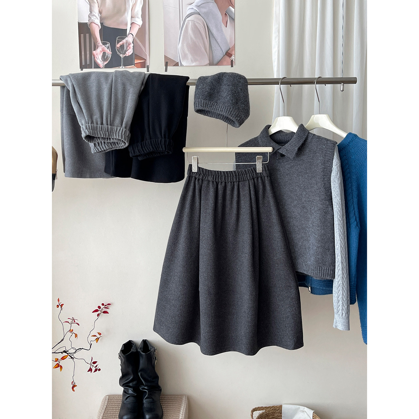 miu系复古羊绒毛呢料花苞蓬蓬裙