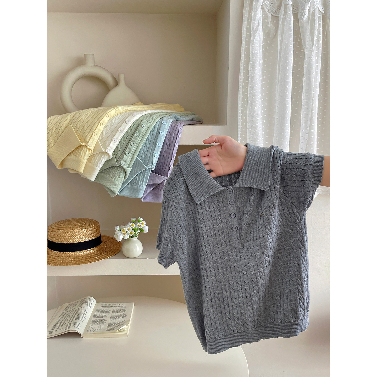 日韩miu系polo领麻花辫短袖针织衫女夏复古ins风显瘦百搭T恤上衣