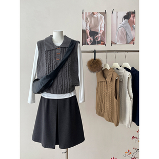 日韩系翻领麻花坎肩背心毛衣针织马甲夹女秋冬内外叠穿百搭打底衫