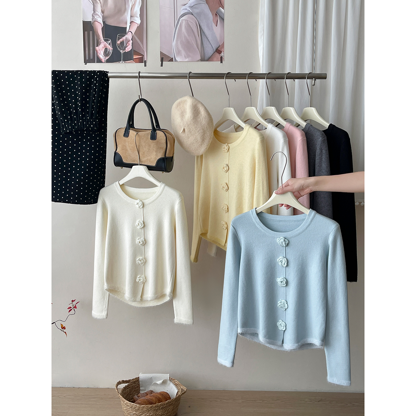 法式复古立体花朵修身百搭针织衫