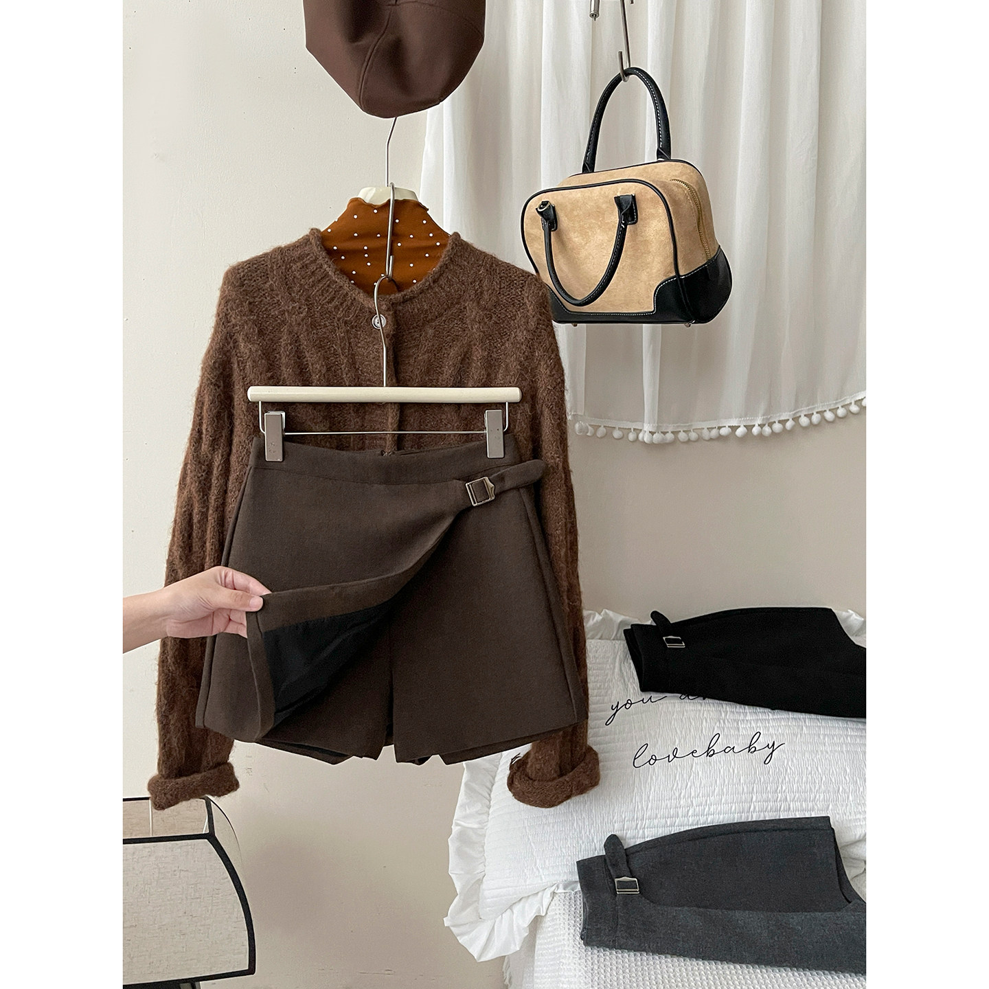 韩系侧开叉假两件毛呢料半身裙子