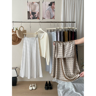miu韩系复古醋酸缎面波点鱼尾半身裙女春夏法式 垂感洋气包臀a字裙