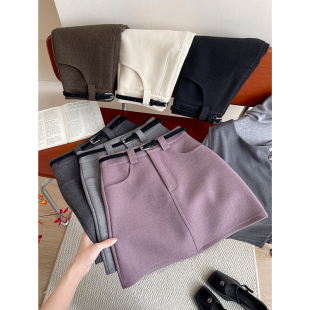韩国chic百搭羊绒毛呢料西装 短裙女秋冬气质包臀A字百搭半身裙子