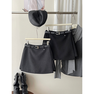 日韩系开叉假两件毛呢料西装短裤裙女秋冬防走光洋气a字半身裙子