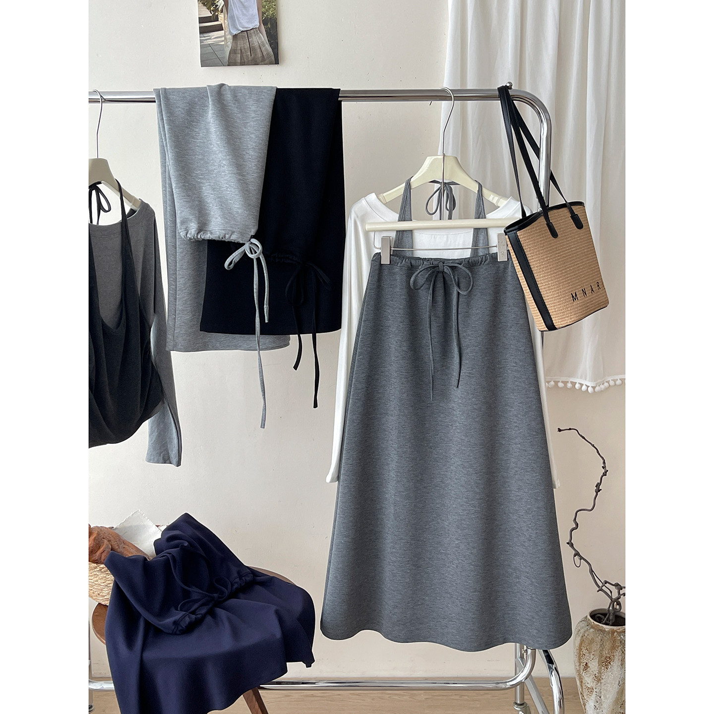 复古miu系云朵空气层系绑带半身裙女秋日韩洋气质显瘦a字面膜长裙