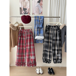 日韩系木耳边束脚两穿加绒格纹阔腿裤女秋冬百搭显瘦直筒休闲裤子