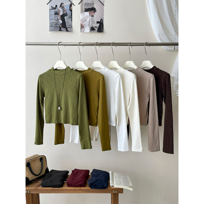 日韩系小立领混羊绒雪花棉T恤衫