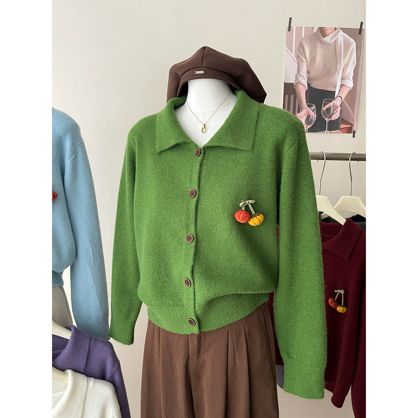日韩系复古南瓜吊坠翻领羊绒针织开衫女秋冬洋气温柔百搭毛衣外套,女装/女士精品,毛针织衫,淘宝优惠券,粉丝福利购,淘宝优惠卷