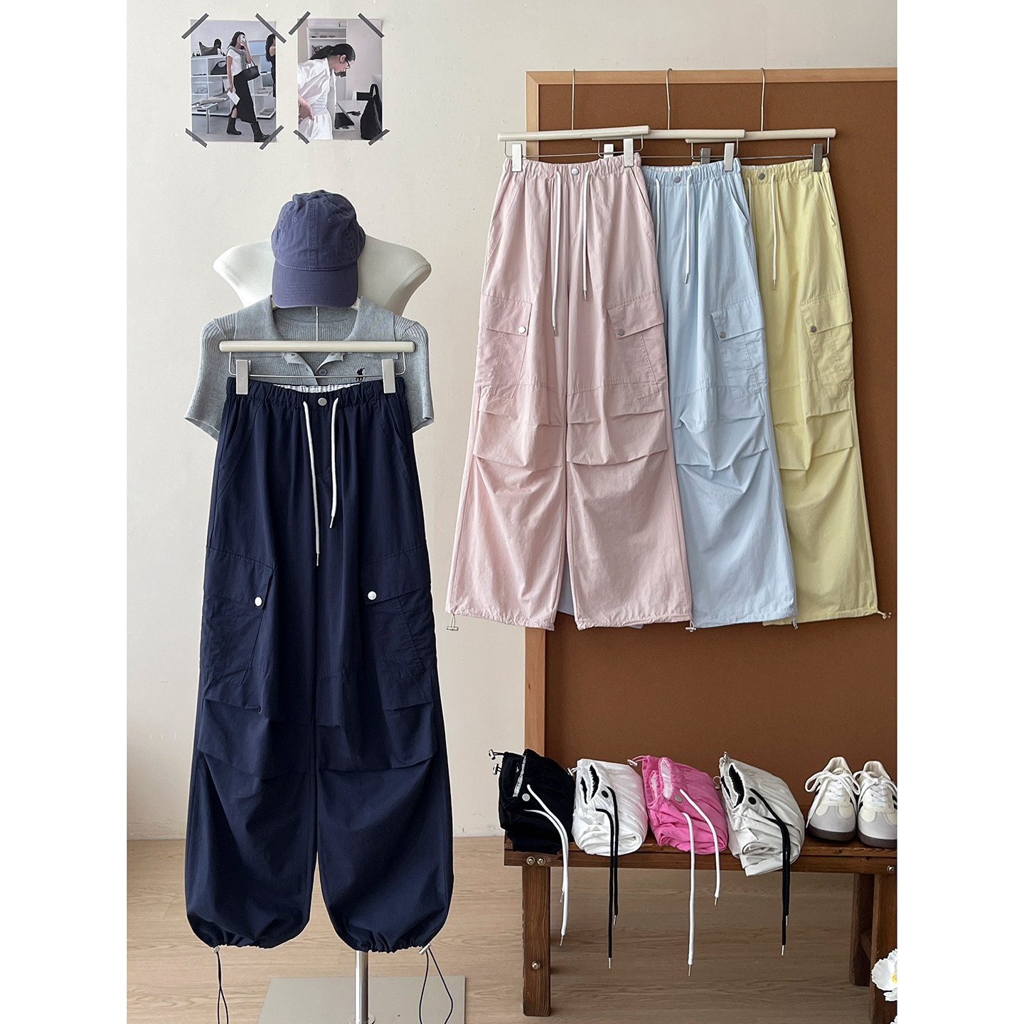 美式复古抽绳两穿洗水棉工装阔腿裤女夏休闲运动户外哈伦降落伞裤