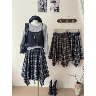 日韩系复古不规则格纹半身裙女秋法式 洋气大摆显瘦百搭a字伞裙子