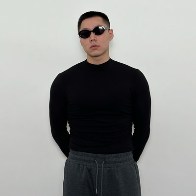 Roast lucky半高领弹力修身打底衫长袖男款纯色健身运动内搭T恤