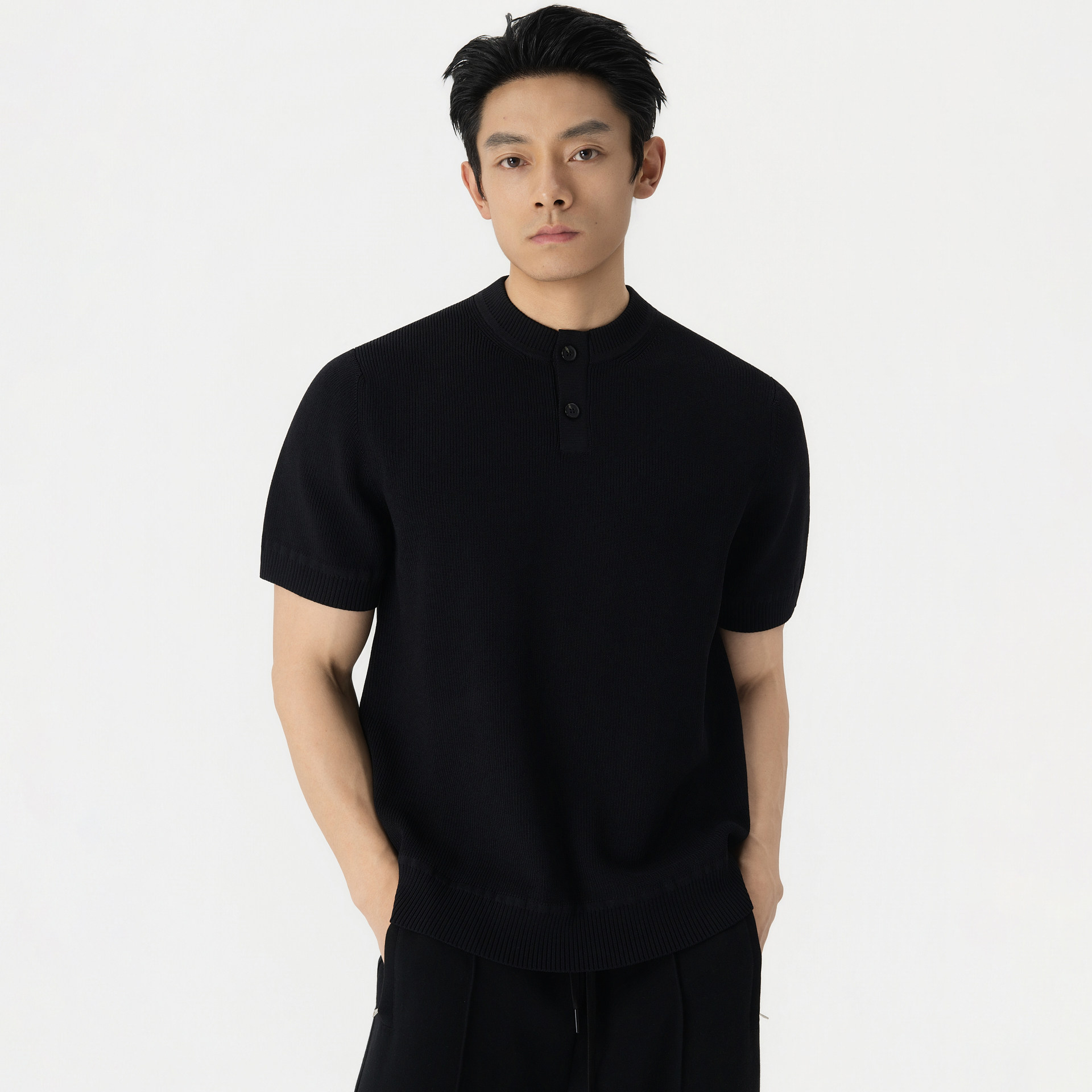 ROSTAT 26SS双曲针织打花重磅亨利领短袖老钱休闲百搭透气弹力T恤