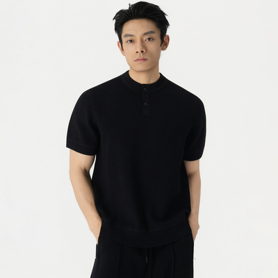 ROSTAT 26SS双曲针织打花重磅亨利领短袖老钱休闲百搭透气弹力T恤
