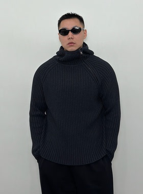 Roast lucky冬季棉羊毛混纺斜拉链连帽衫毛衣男重磅肌理坑条粗织