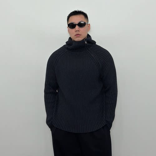 Roast lucky冬季棉羊毛混纺斜拉链连帽衫毛衣男重磅肌理坑条粗织