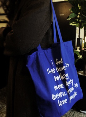 Wfei ins同款ofmydraw宝蓝色帆布包薄款单肩包简约百搭字母购物袋