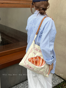 Wfei原创韩系ins风面包吐司印花帆布包女大容量单肩包百搭托特包