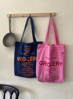 Wfei春夏韩系小众帆布袋小清新字母印花大容量百搭薄款通勤单肩包