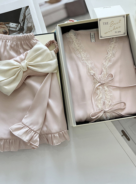 蕾丝甜美冰丝睡衣女春夏季送闺蜜生日礼物纯色简约家居服礼盒套装