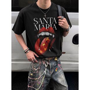 260g索罗娜凉感夏季男装短袖T恤大舌头美式复古高街街头半袖体恤