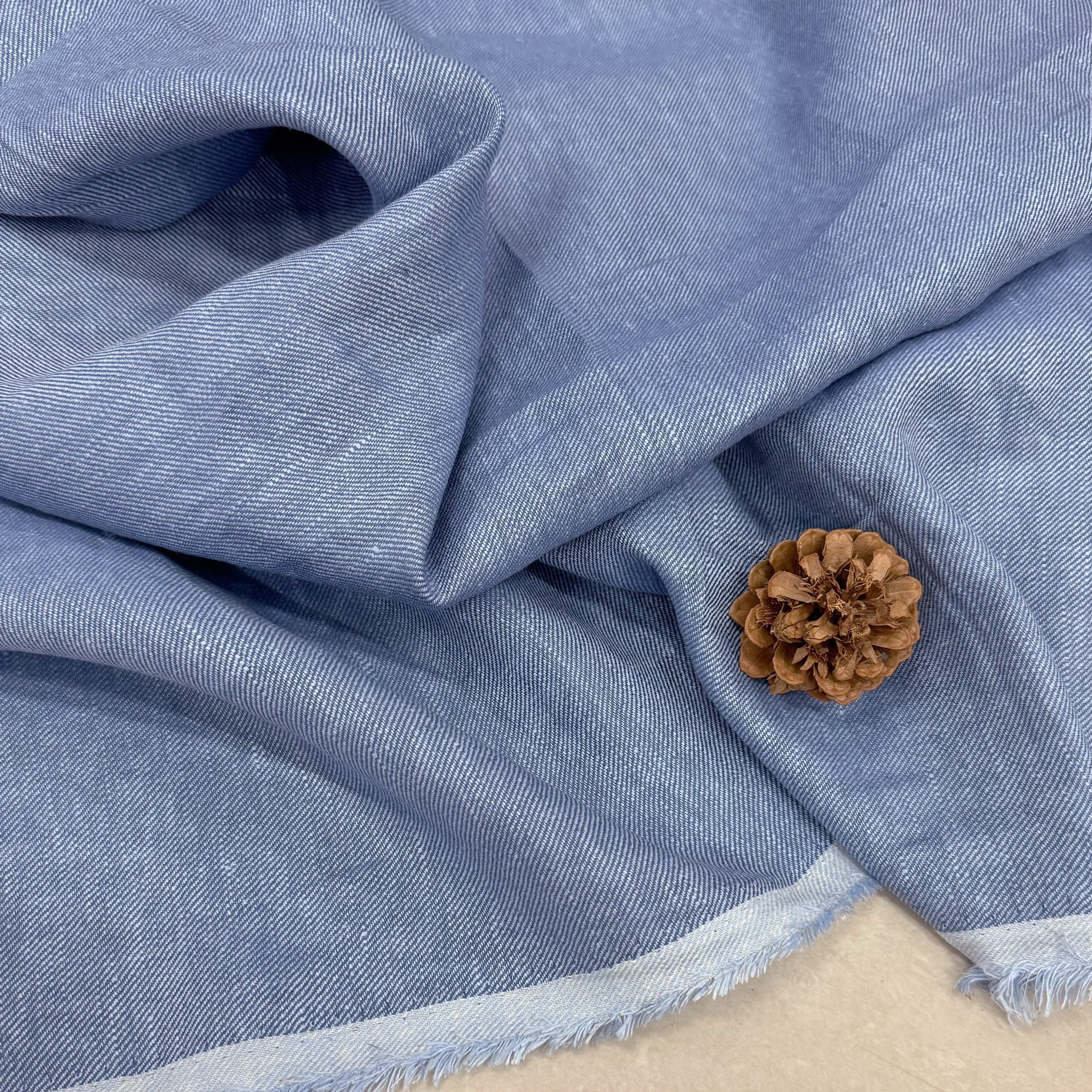 爱尔兰进口复古牛仔蓝色斜纹色织亚麻衬衫西装裤子套装设计师布料