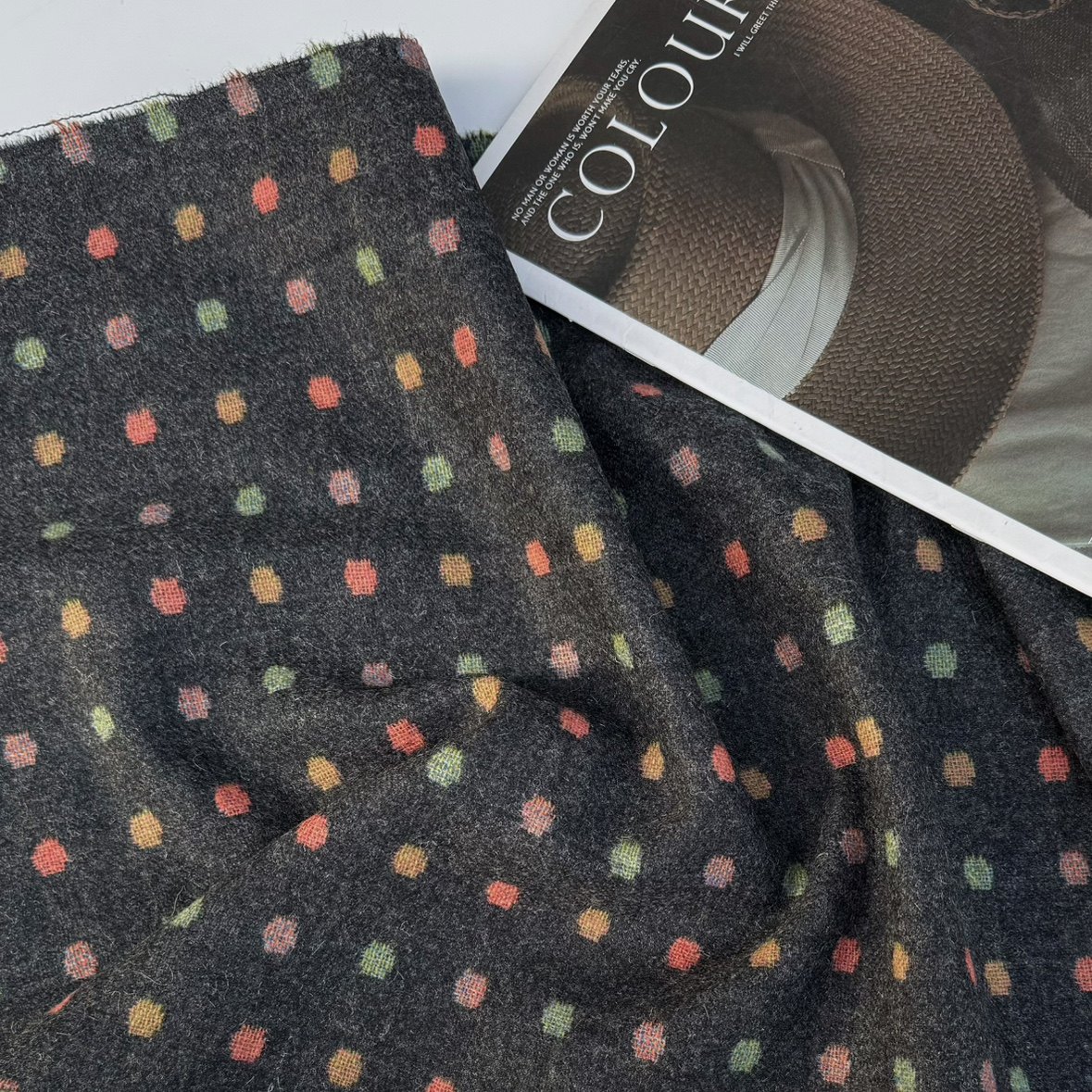 日本进口复古深灰色七彩糖豆提花羊毛尼西装中式旗袍连衣裙手工布