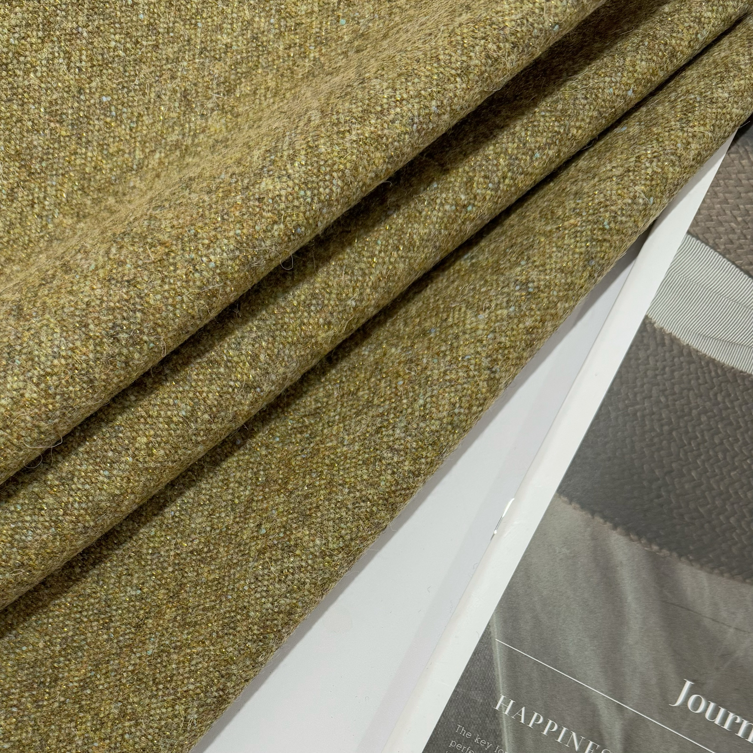 金线黄绿色七彩羊毛粗花呢布料