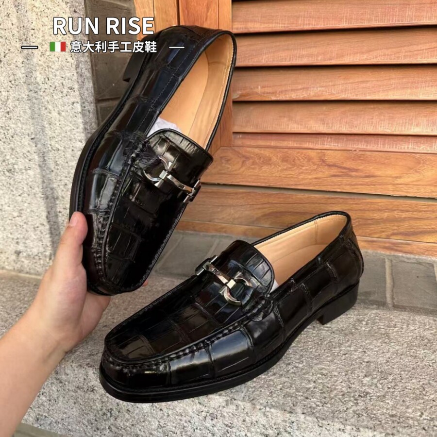 RUNRISE意大利男士休闲皮鞋大鳄鱼肚皮真皮品牌套脚一脚蹬男鞋