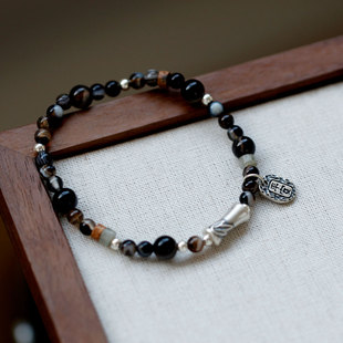 原创纯银节节高平安手链男女生小众复古新中式竹节玛瑙天然石手串