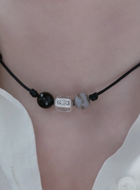 999足银锦鲤转运珠天珠纹玛瑙黑绳项链小众复古风男女编绳锁骨链